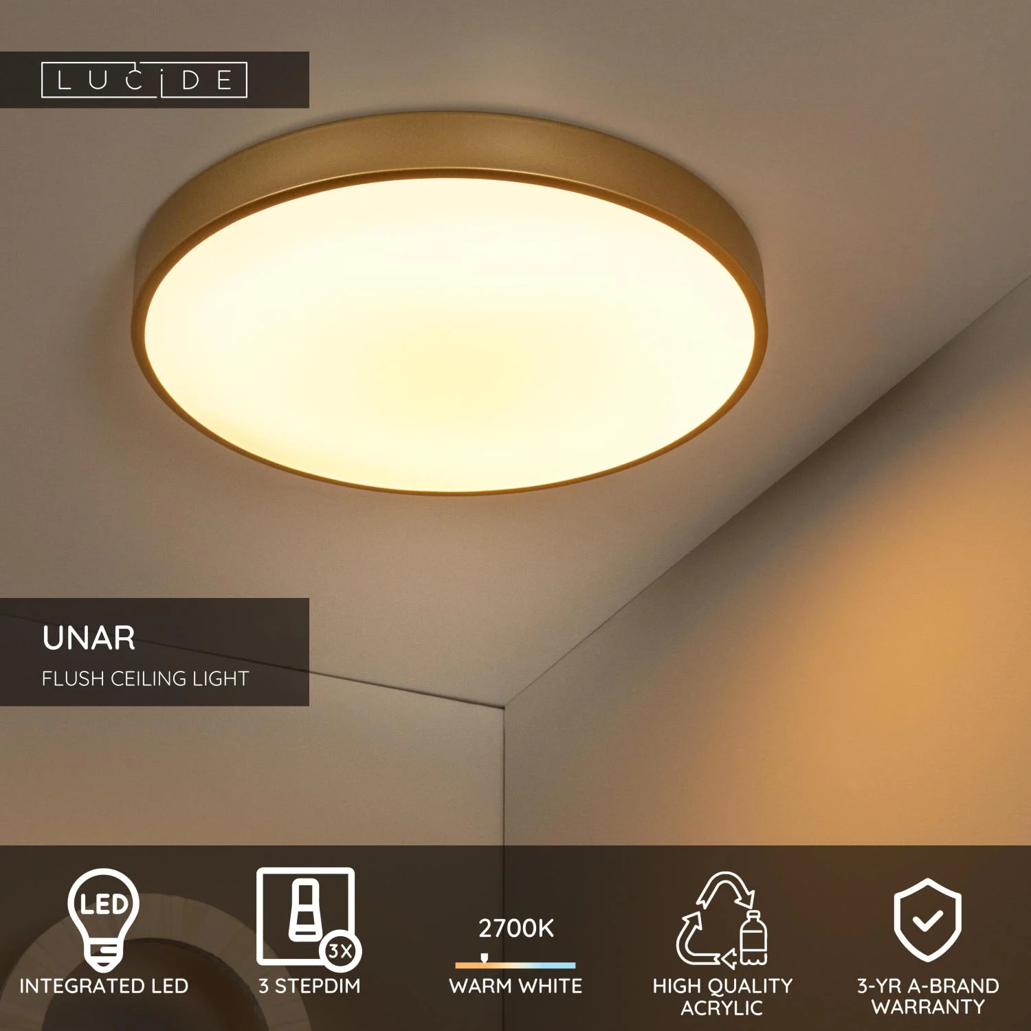 Lucide UNAR - Zapustenu00e9 stropnu00e9 svetlo - u00d8 49,5 cm - LED 3 StepDim - 1x36W 2700K - Matt Gold / Brass