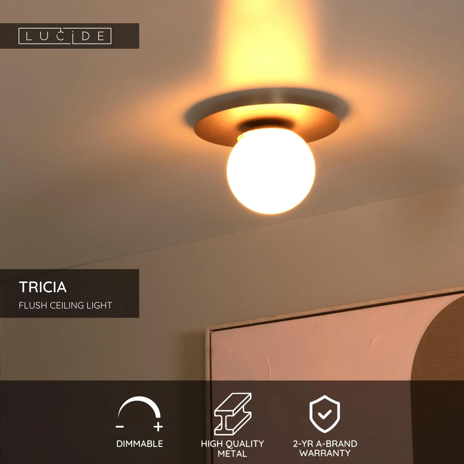 Lucide TRICIA - Zapustenu00e9 stropnu00e9 svetlo - u00d8 25 cm - 1xE27 - Matnu00e9 zlato / mosadz