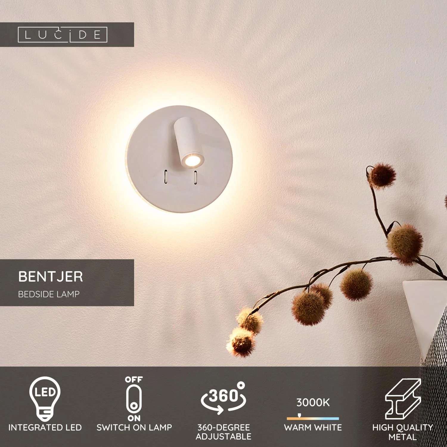 Lucide BENTJER - Lampa pri poste / nu00e1stennu00e9 svetlo - u00d8 14 cm - LED - 3000K - biela