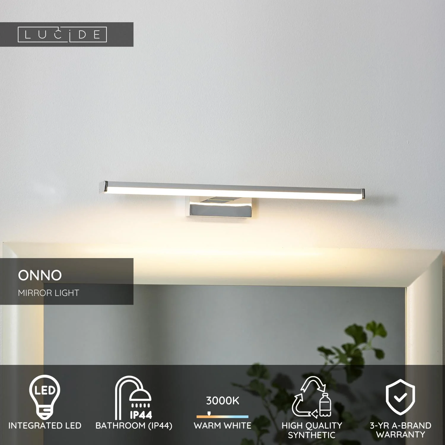 Lucide ONNO - zrkadlovu00e9 svetlo Ku00fapeu013eu0148a - LED - 1x8W 3000K - IP44 - satu00e9novu00fd chru00f3m