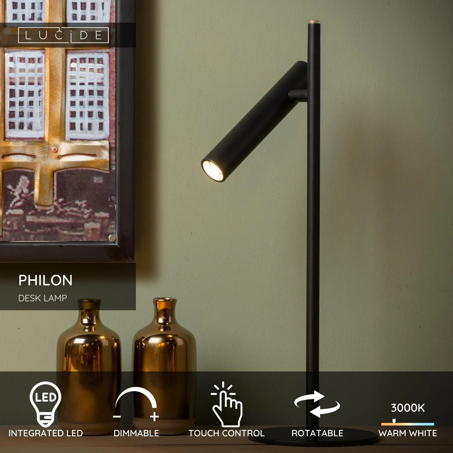 Lucide PHILON - Stolnu00e1 lampa - u00d8 13 cm - LED tlmenu00e1 - 1x4,5W 3000K - u010dierna