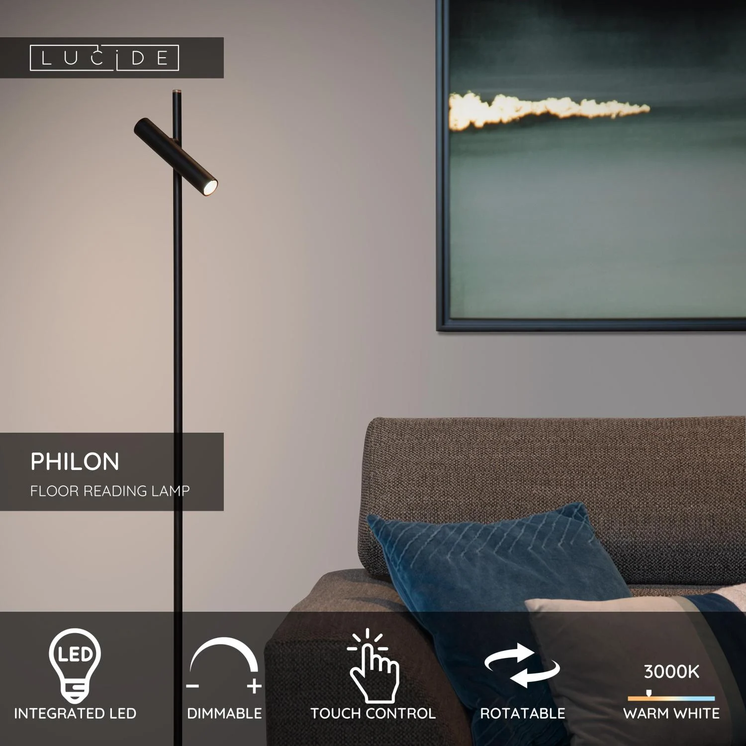 Lucide PHILON - Podlahovu00e1 u010du00edtacia lampa - u00d8 23 cm - LED tlmenu00e1 - 1x4,5W 3000K - u010dierna